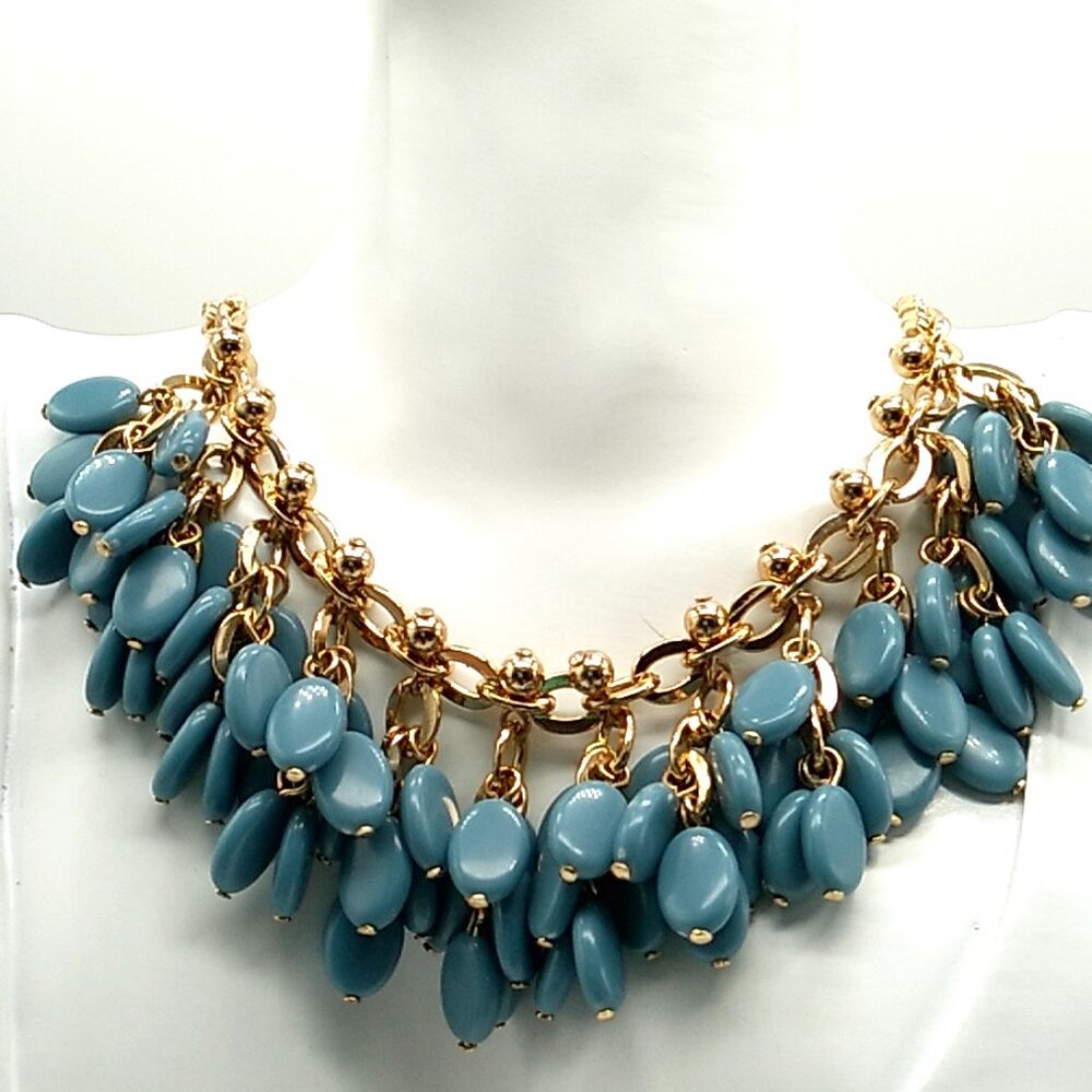 Vintage-Look SHB Blue Acrylic Beaded Necklace Gold-tone Chain NWOT